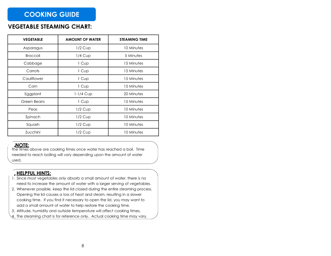 Aroma ARC-900SB instruction manual Vegetable Steaming Chart 