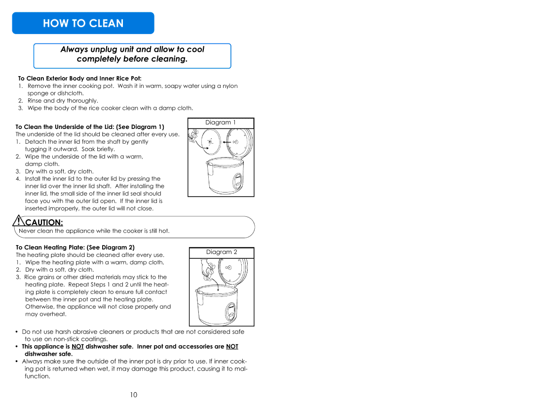 Aroma ARC-900SB HOW to Clean, To Clean Exterior Body and Inner Rice Pot, To Clean the Underside of the Lid See Diagram 