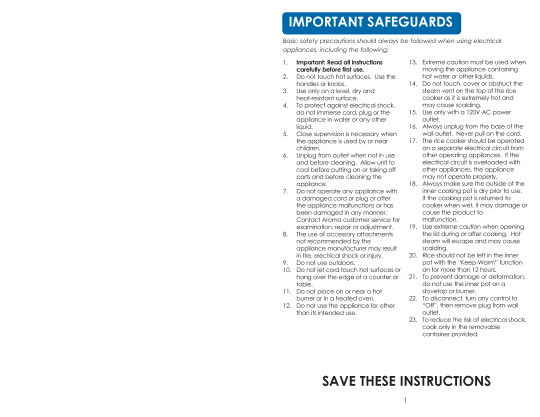 Aroma ARC-900SB instruction manual Important Safeguards, Important Read all instructions carefully before first use 