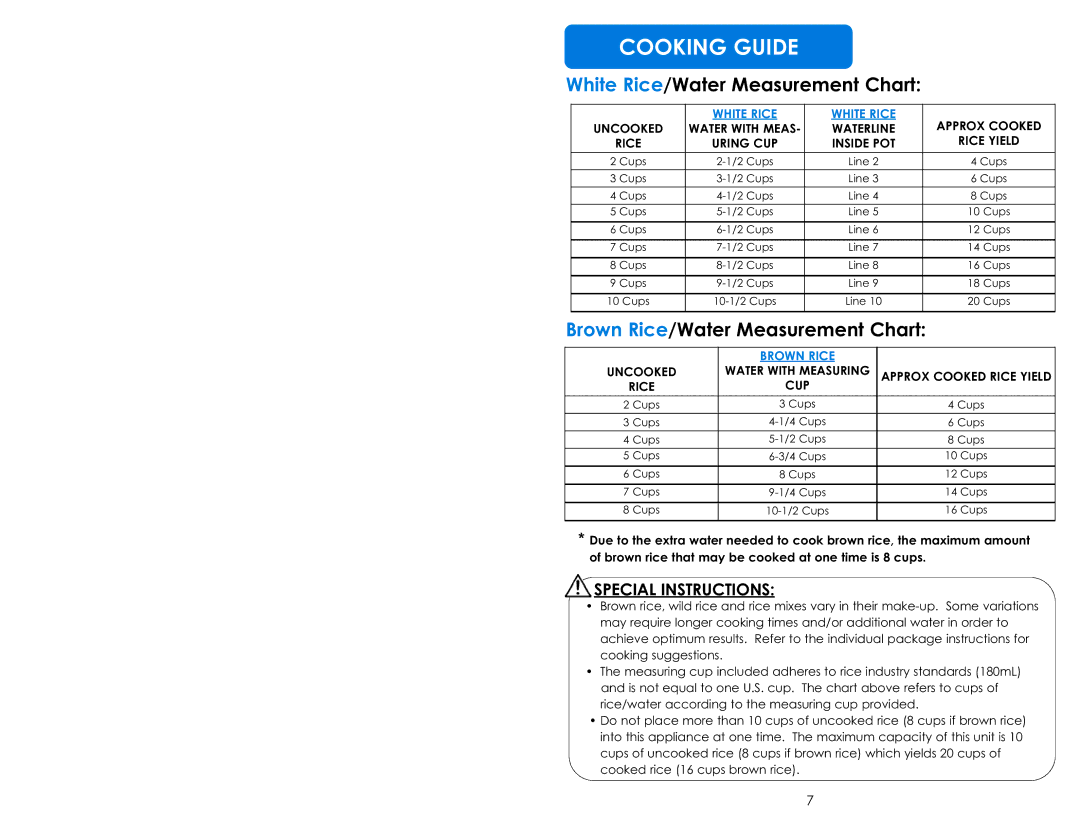 Aroma ARC-900SB instruction manual Cooking Guide, White Rice/Water Measurement Chart 