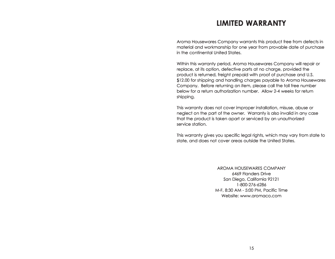 Aroma ARC-900SB instruction manual Limited Warranty 