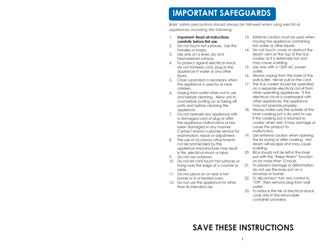 Aroma ARC-900SB instruction manual Important Safeguards, Save These Instructions 