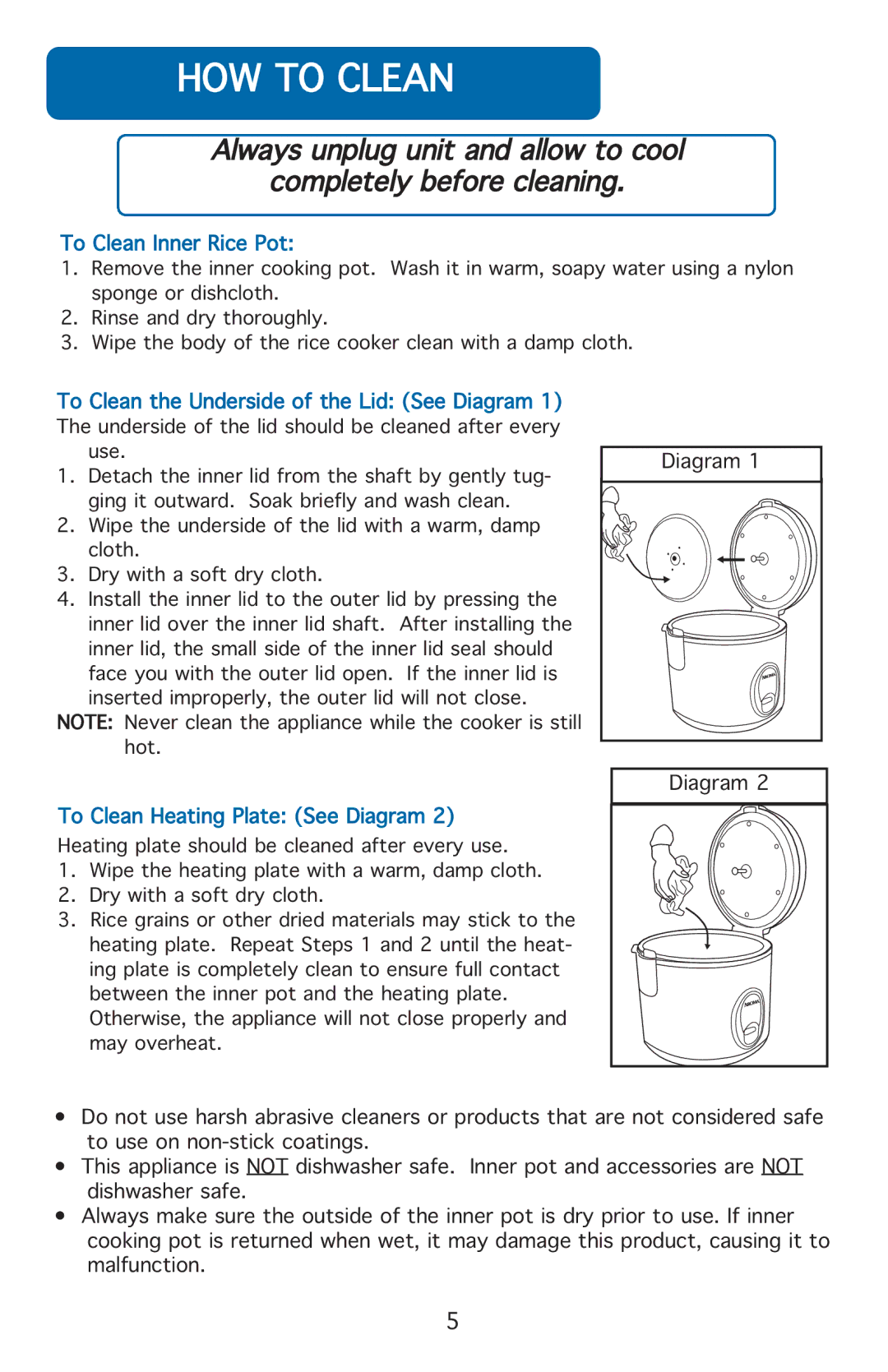 Aroma ARC-914B instruction manual Howytoyclean, DiagramY1 DiagramY2 