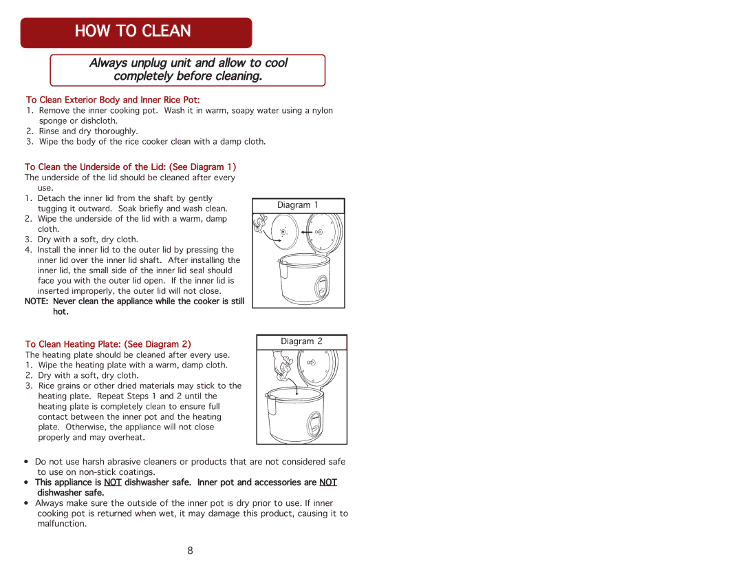 Aroma ARC-914SB instruction manual Howtoclean, Alwaysunplugunitandallowtocool Completelybeforecleaning 