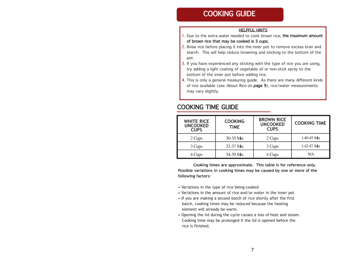 Aroma ARC-914SB instruction manual Cookingtimeguide 