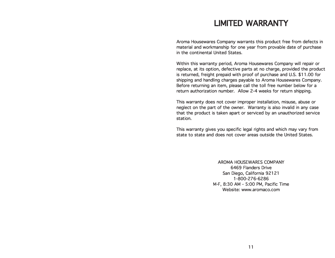Aroma ARC-914SB instruction manual Limitedwarranty 