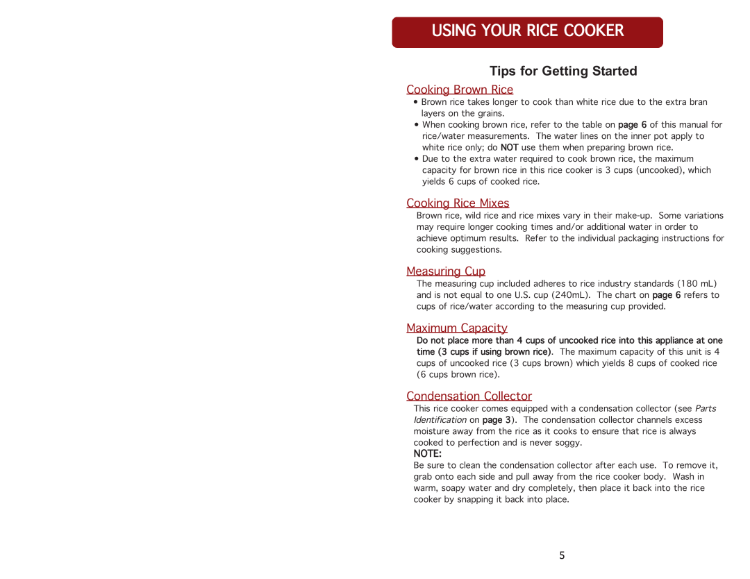 Aroma ARC-914SB Tips for Getting Started, Usingyourricecooker, CookingBrownRice, CookingRiceMixes, MeasuringCup 