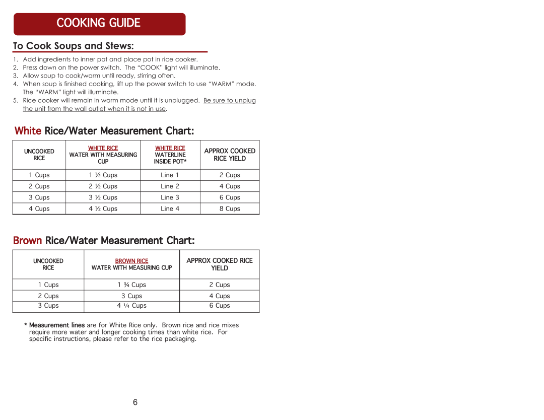 Aroma ARC-914SB Cookingguide, To Cook Soups and Stews, WhiteRice/WaterMeasurementChart, BrownRice/WaterMeasurementChart 