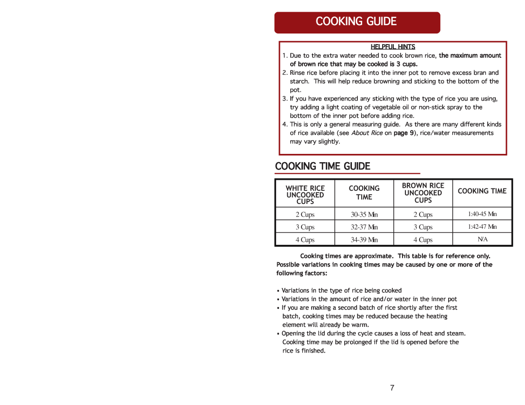 Aroma ARC-914SB Cookingtimeguide, Cookingguide, White Rice, Brown Rice, Cooking Time, Cups, 30-35 Min, 32-37 Min, Uncooked 
