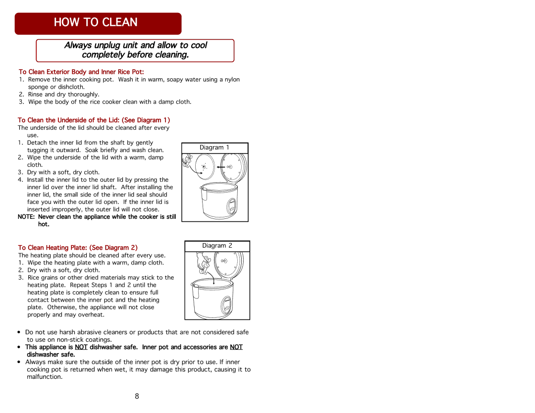 Aroma ARC-914SBB instruction manual Howtoclean, Alwaysunplugunitandallowtocool Completelybeforecleaning 