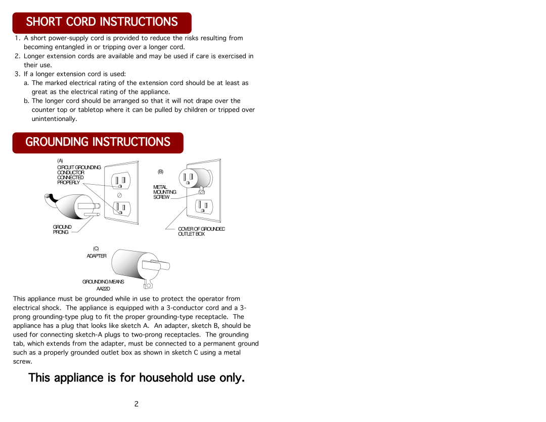 Aroma ARC-914SBB instruction manual Shortcordinstructions, Groundinginstructions, Thisapplianceisforhouseholduseonly 