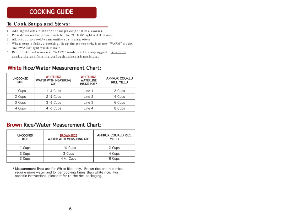 Aroma ARC-914SBB Cookingguide, WhiteRice/WaterMeasurementChart, BrownRice/WaterMeasurementChart, To Cook Soups and Stews 