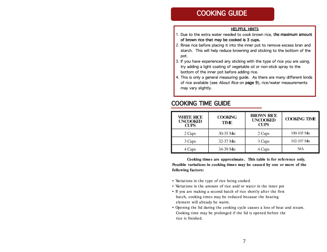 Aroma ARC-914SBB Cookingtimeguide, Cookingguide, White Rice, Brown Rice, Cooking Time, Cups, 30-35 Min, 32-37 Min 