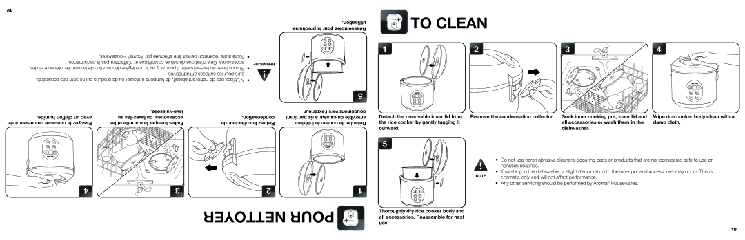 Aroma ARC-914SBDC instruction manual To Clean, Vaisselle-lave, La tremper Faites De collecteur le Retirez 