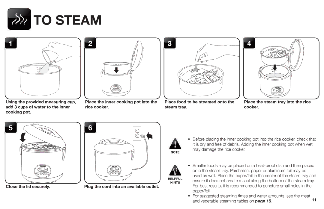 Aroma ARC-926SBD instruction manual To Steam 