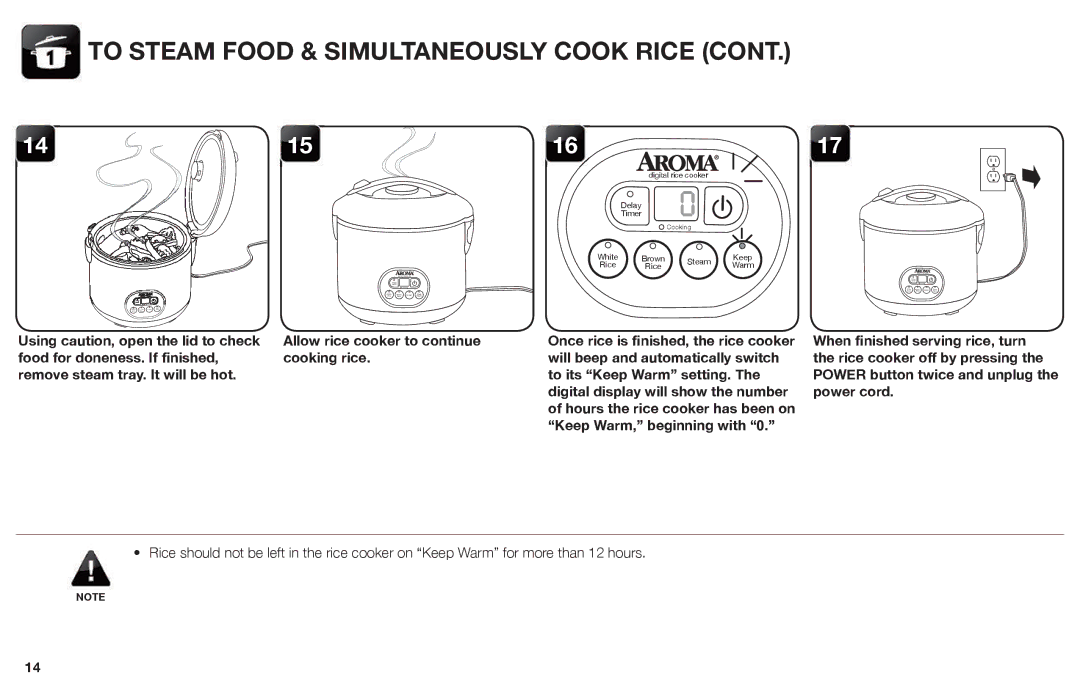 Aroma ARC-926SBD instruction manual To Steam Food & Simultaneously Cook Rice, Using caution, open the lid to check 