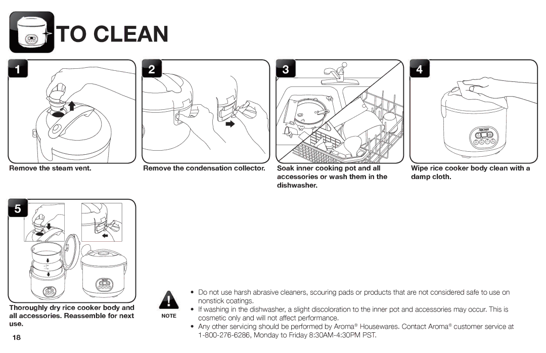 Aroma ARC-926SBD instruction manual To Clean, Remove the steam vent, Dishwasher 