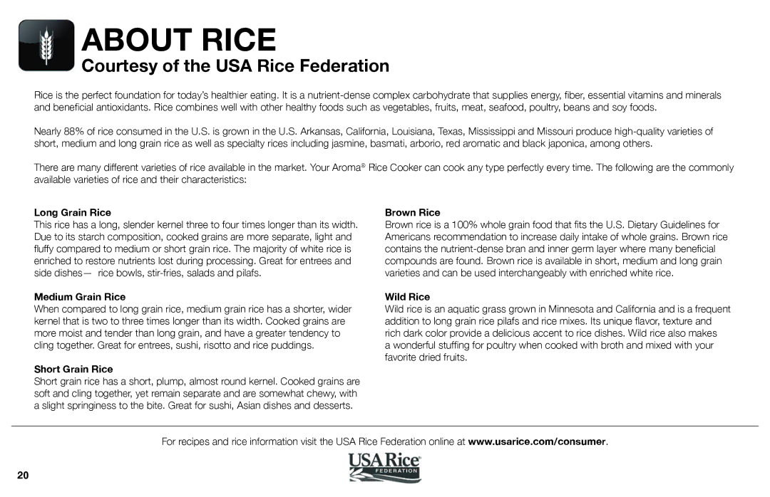 Aroma ARC-926SBD instruction manual About Rice 