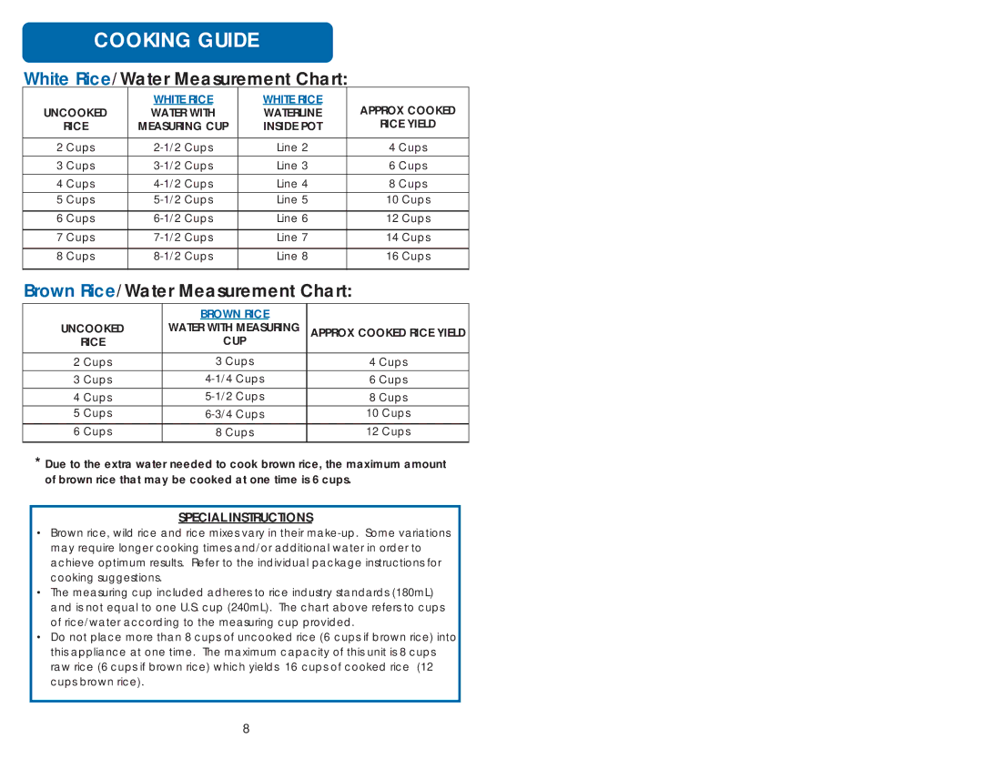 Aroma ARC-928S instruction manual Cooking Guide, White Rice/Water Measurement Chart 