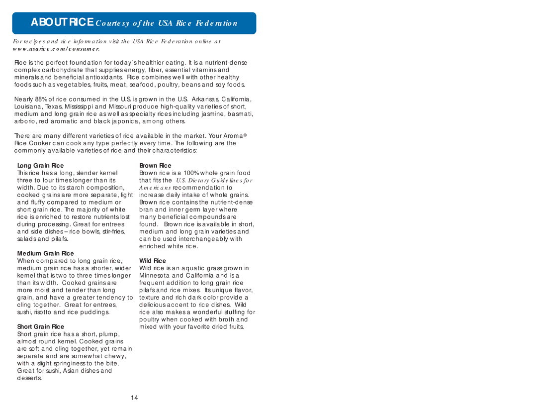 Aroma ARC-928S instruction manual About Rice Courtesy of the USA Rice Federation 