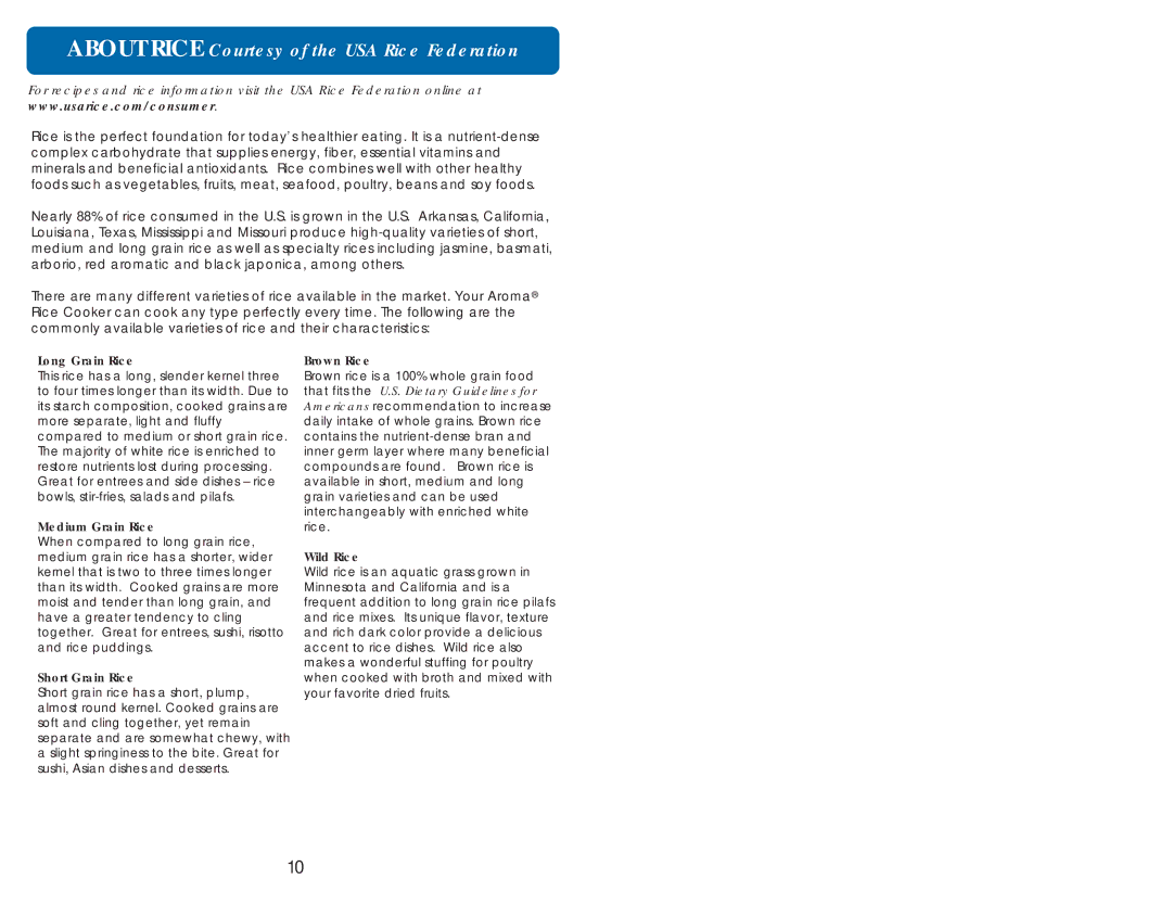 Aroma ARC-930 instruction manual About Rice Courtesy of the USA Rice Federation 