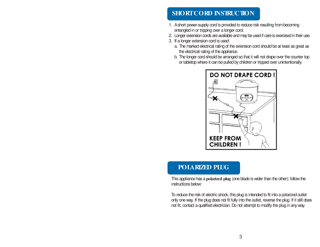 Aroma ARC-930 instruction manual Short Cord Instruction, Polarized Plug 