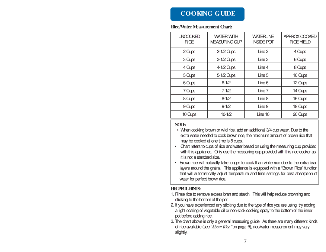 Aroma ARC-930 instruction manual Cooking Guide, Rice/Water Measurement Chart 