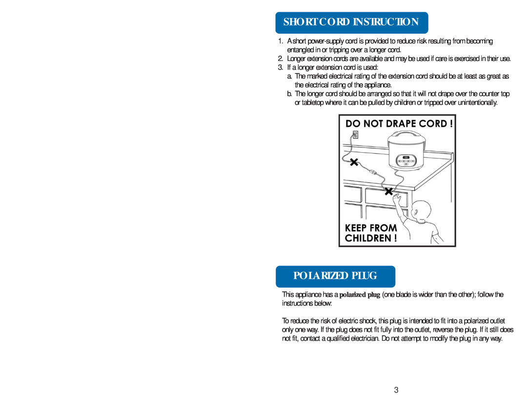 Aroma ARC-930 instruction manual Short Cord Instruction, Polarized Plug 