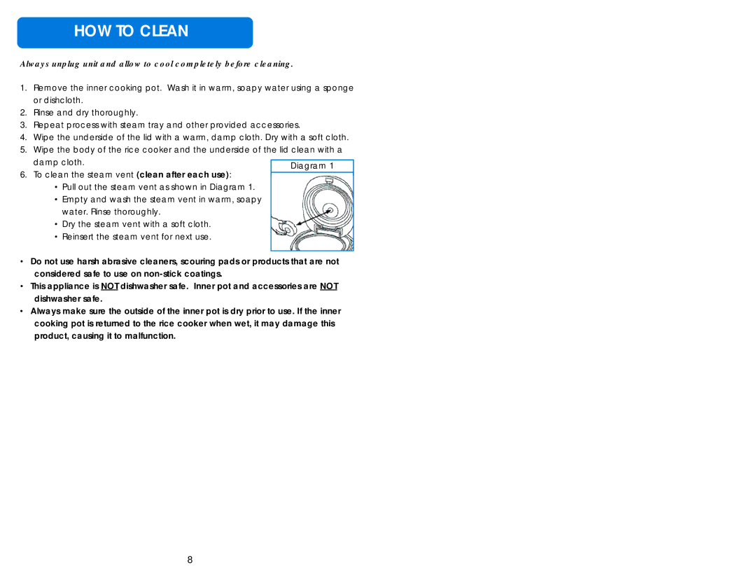 Aroma ARC-930SB instruction manual HOW to Clean, Damp cloth.clean after each useDiagram 