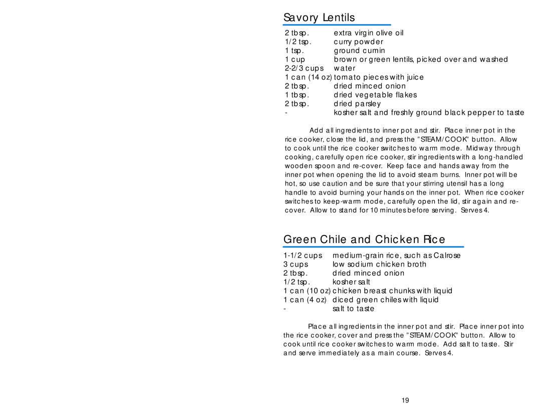 Aroma ARC-930SB instruction manual Savory Lentils, Green Chile and Chicken Rice, Oil 
