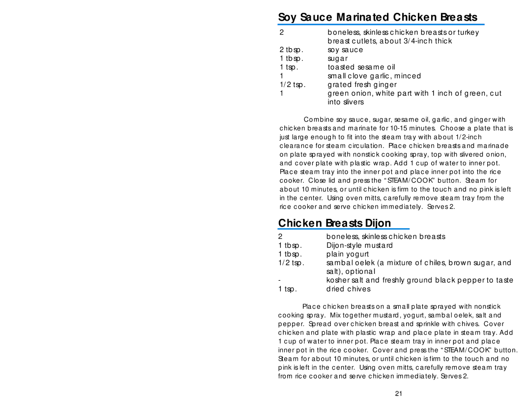 Aroma ARC-930SB Soy Sauce Marinated Chicken Breasts, Chicken Breasts Dijon, Boneless, skinless chicken breasts or turkey 