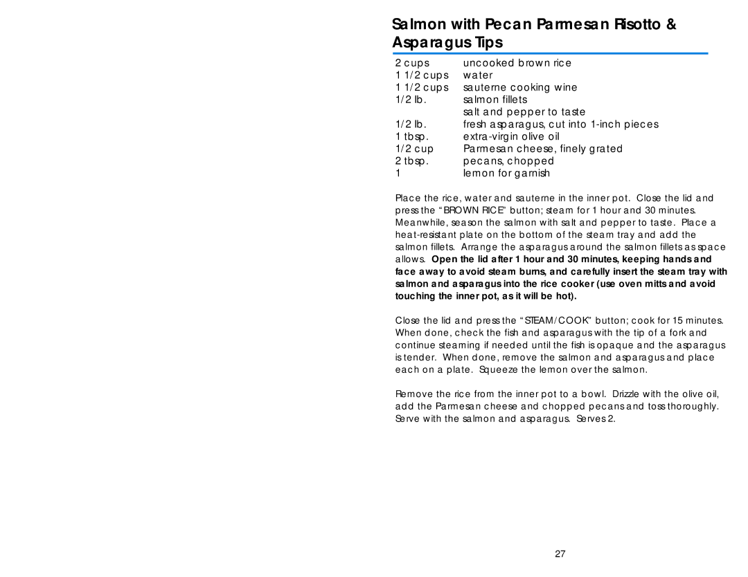 Aroma ARC-930SB instruction manual Salmon with Pecan Parmesan Risotto, Asparagus Tips 