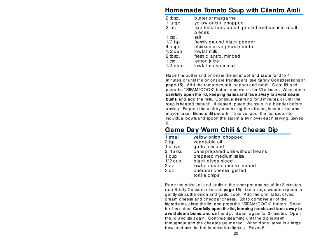 Aroma ARC-930SB instruction manual Homemade Tomato Soup with Cilantro Aioli, Game Day Warm Chili & Cheese Dip 