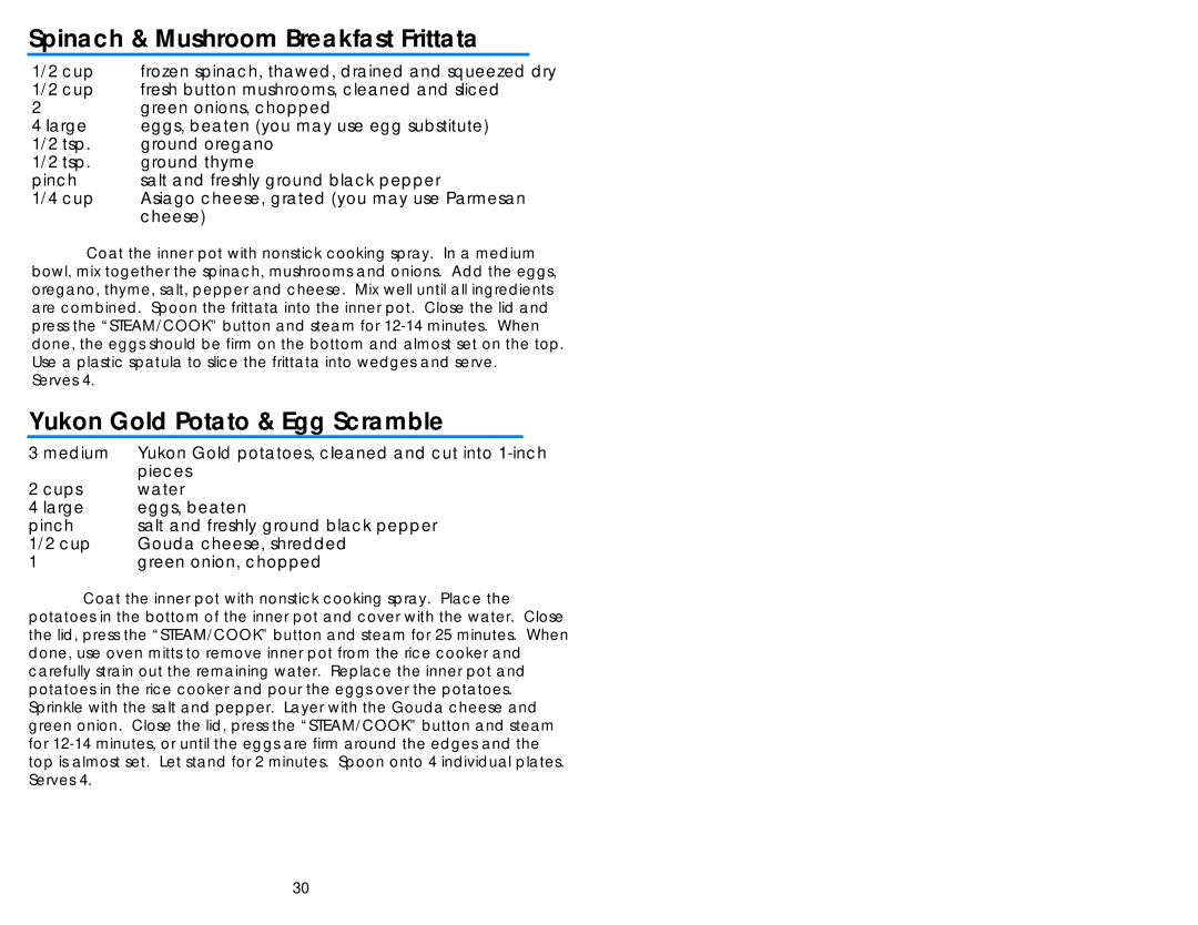 Aroma ARC-930SB instruction manual Spinach & Mushroom Breakfast Frittata, Yukon Gold Potato & Egg Scramble, Dry 