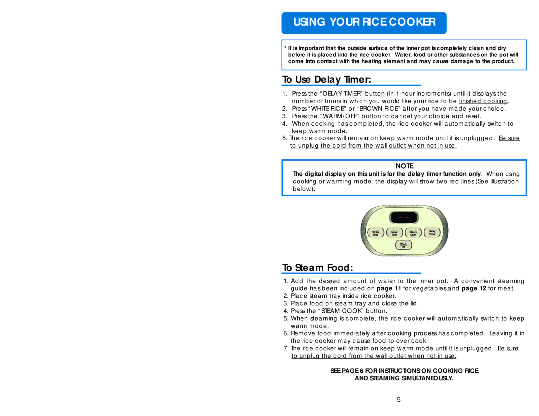 Aroma ARC-930SB instruction manual To Use Delay Timer, To Steam Food 