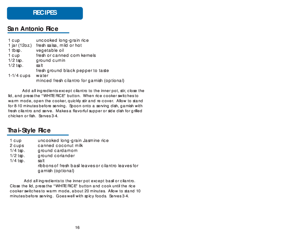 Aroma ARC-930SB instruction manual Recipes, San Antonio Rice, Thai-StyleRice 
