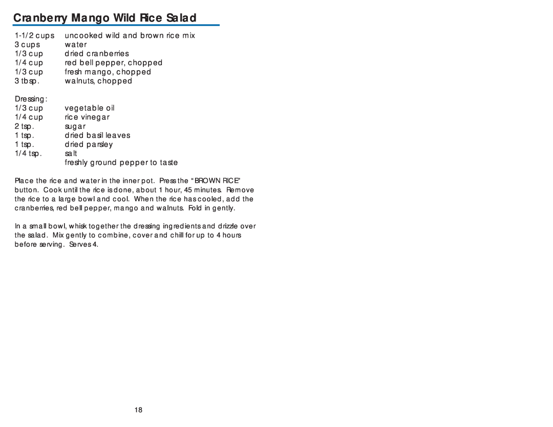 Aroma ARC-930SB instruction manual Cranberry Mango Wild Rice Salad 