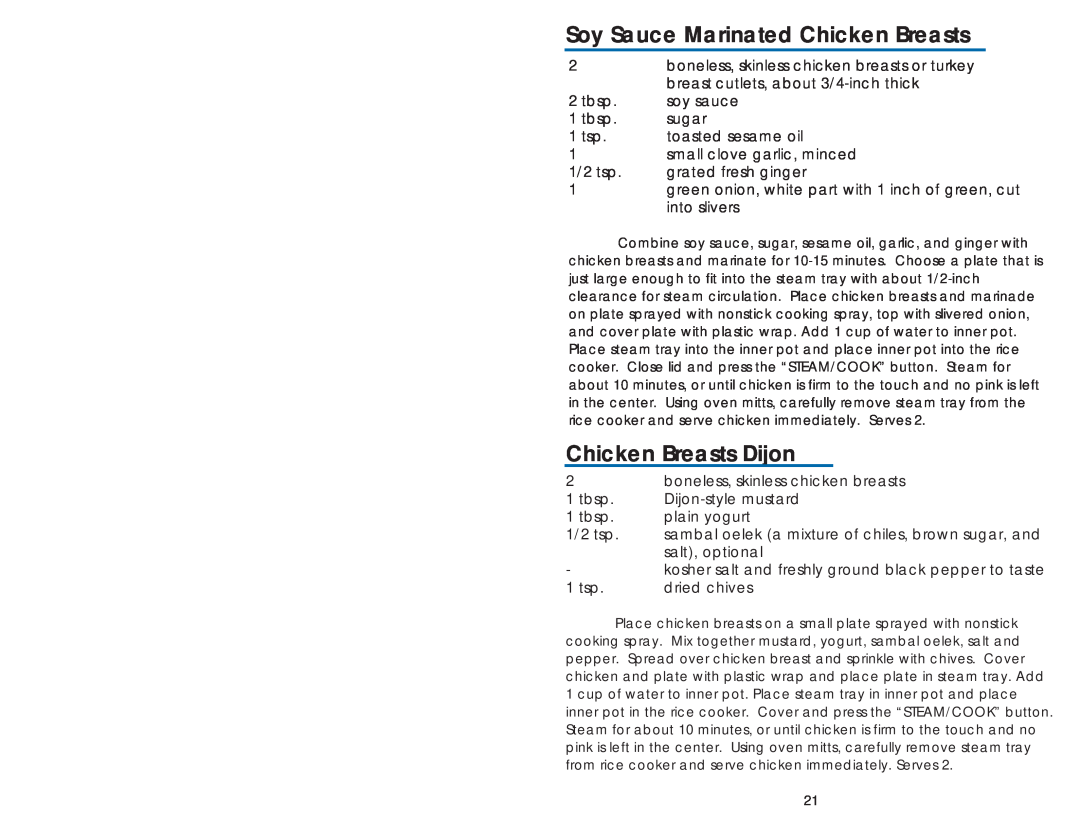 Aroma ARC-930SB instruction manual Soy Sauce Marinated Chicken Breasts, Chicken Breasts Dijon 