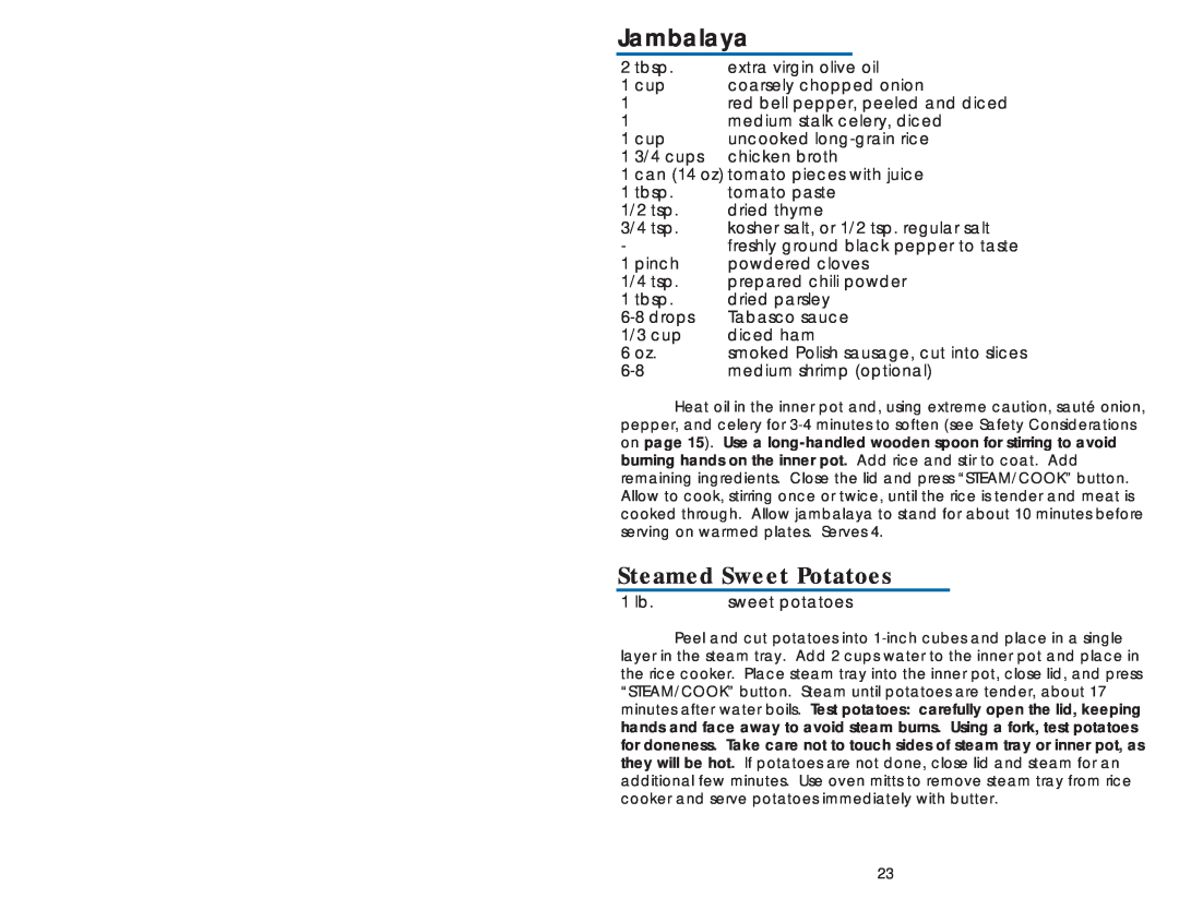 Aroma ARC-930SB instruction manual Jambalaya, Steamed Sweet Potatoes 