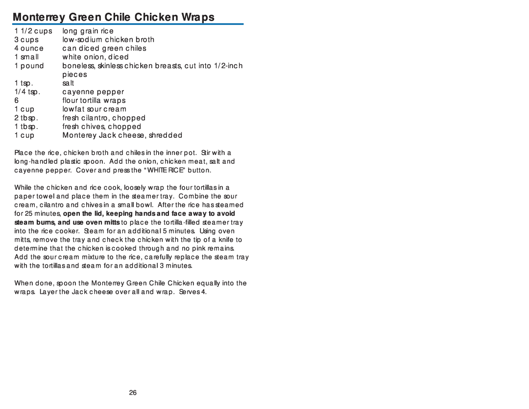 Aroma ARC-930SB instruction manual Monterrey Green Chile Chicken Wraps 