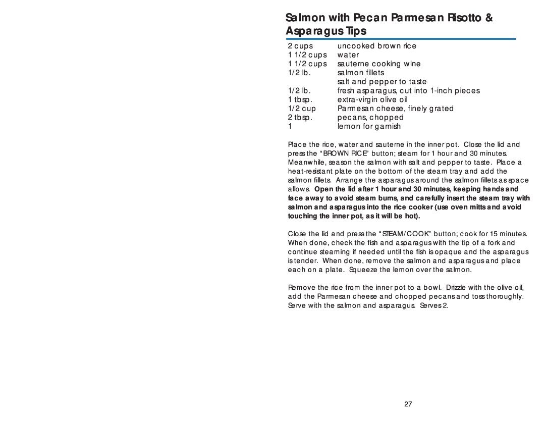 Aroma ARC-930SB instruction manual Salmon with Pecan Parmesan Risotto, Asparagus Tips 
