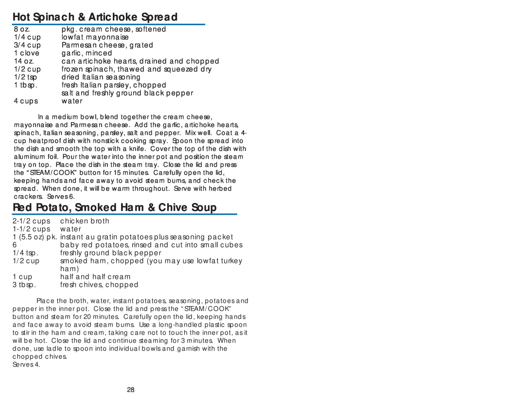 Aroma ARC-930SB instruction manual Hot Spinach & Artichoke Spread, Smoked Ham & Chive Soup, Red Potato 