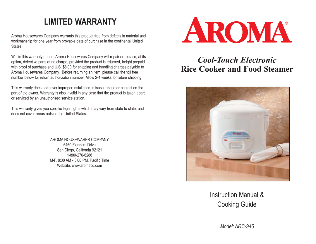 Aroma ARC-946 instruction manual Limited Warranty 