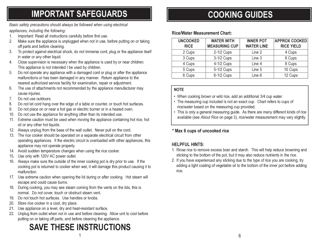 Aroma ARC-946 instruction manual Important Safeguards, Rice/Water Measurement Chart, Max 6 cups of uncooked rice 