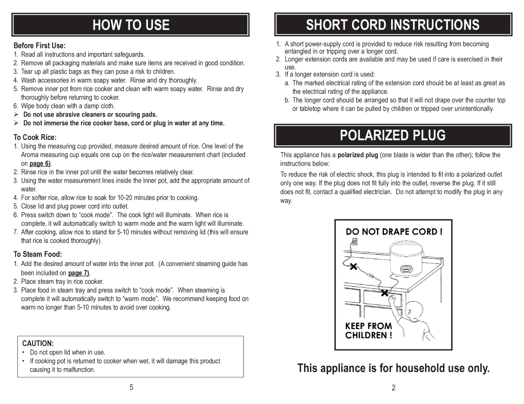 Aroma ARC-946 instruction manual HOW to USE, Short Cord Instructions, Polarized Plug 