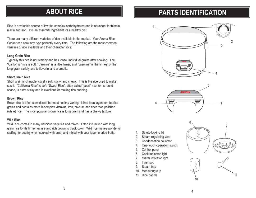 Aroma ARC-946 instruction manual About Rice, Parts Identification 