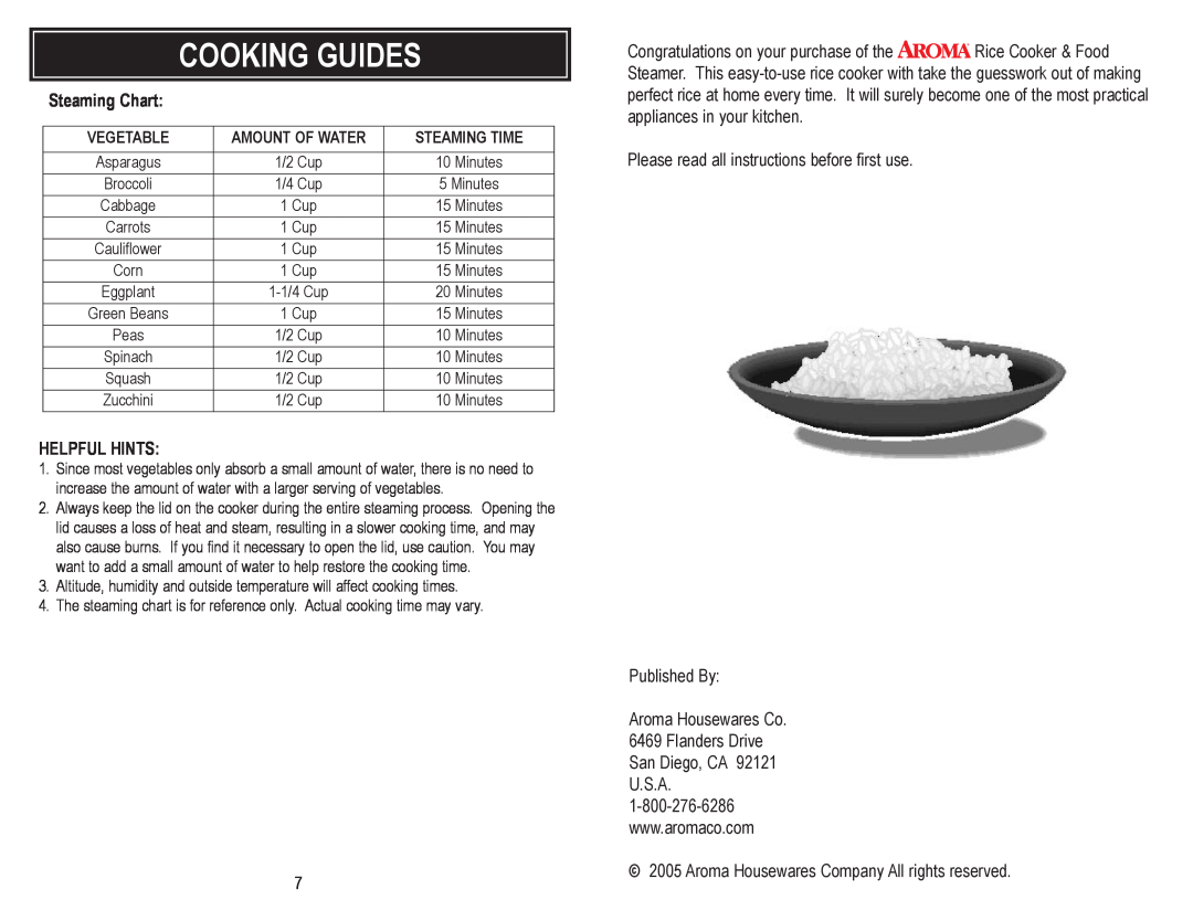 Aroma ARC-946 instruction manual Cooking Guides, Steaming Chart, Helpful Hints 