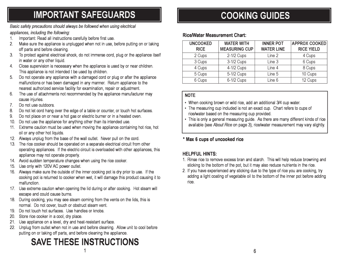 Aroma ARC-946 Important Safeguards, Save These Instructions, Rice/Water Measurement Chart, Cooking Guides 
