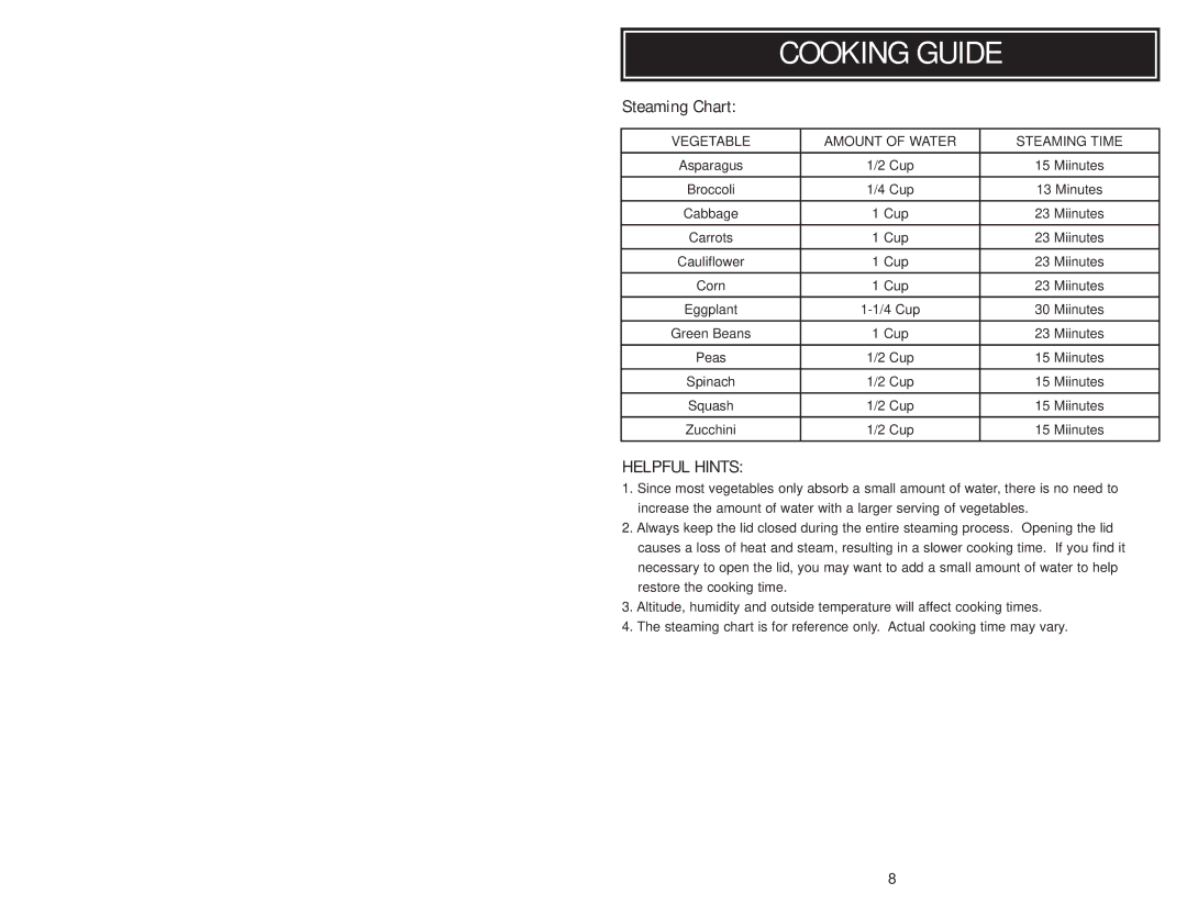 Aroma ARC-956 instruction manual Steaming Chart, Vegetable Amount of Water Steaming Time 