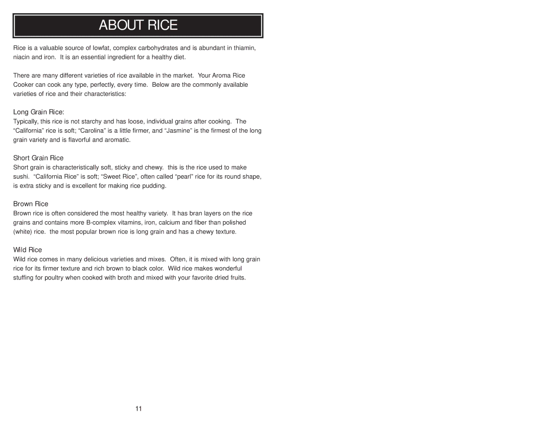 Aroma ARC-956 instruction manual About Rice, Long Grain Rice 